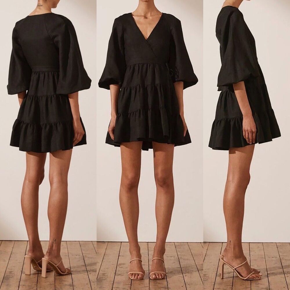 Shona Joy Nicolette Linen Wrap Mini Dress in Black Size US 6